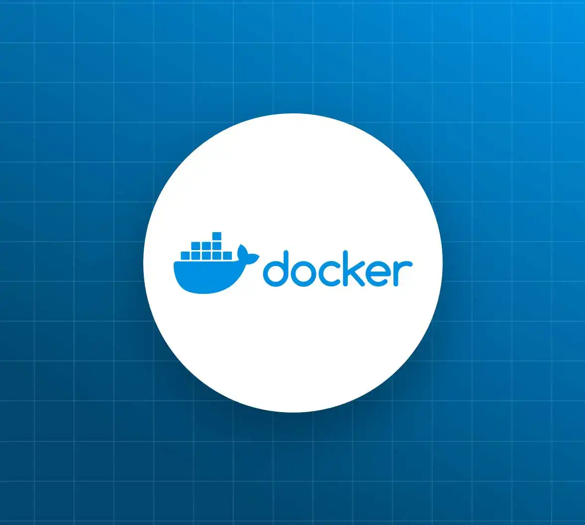 Docker logosu ve mavi arka plan, konteyner teknolojisi simgesi.